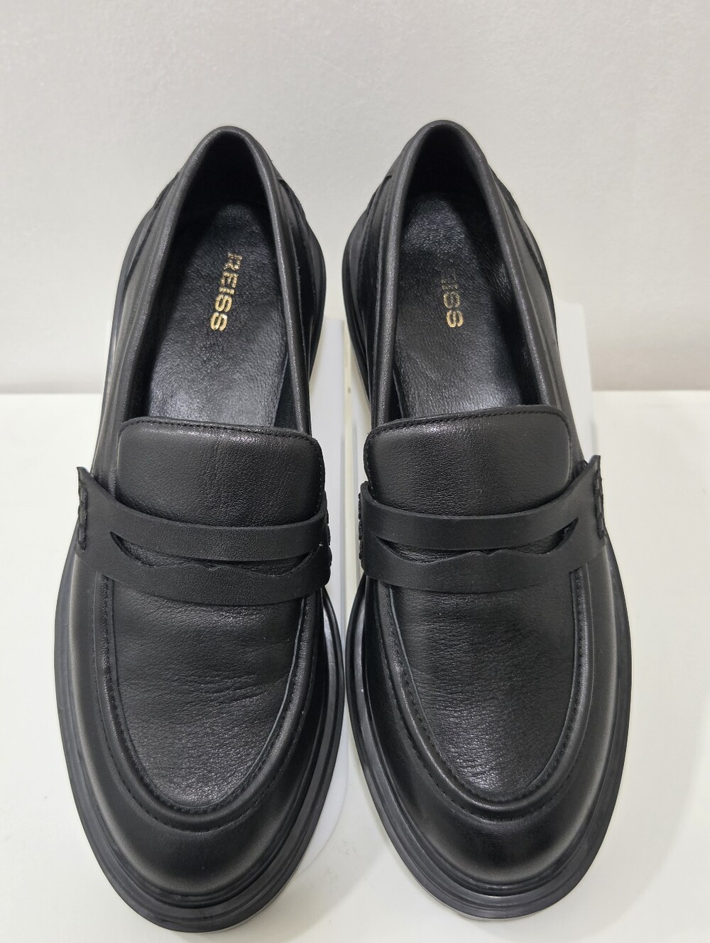 REISS Adele Black Leather Lug Sole Penny Loafers Dark Academia Minimalist US 7.5